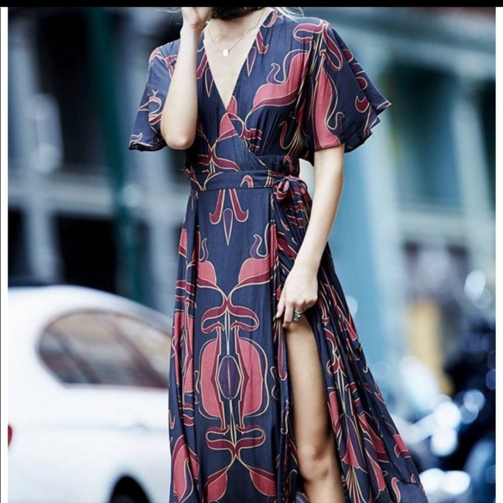 Free People print wrap midi dress EUC